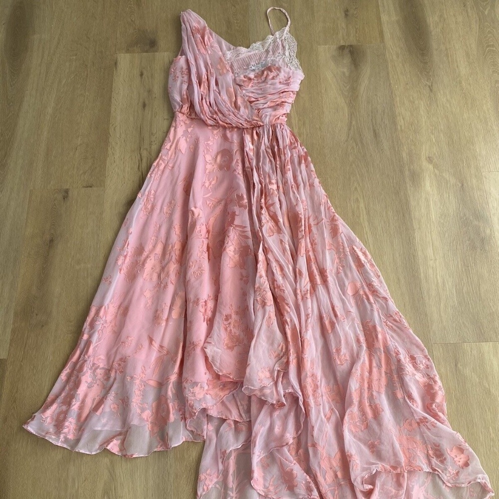 Preen Pink Ethereal Princess A-Symmetric Silk Lace Texture Long Dress
